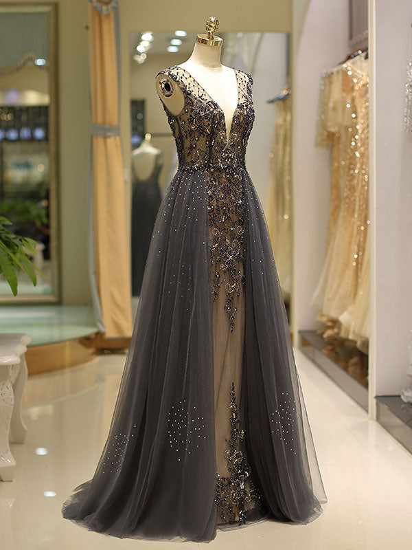 Gorgeous Evening Dresses Grey Luxury Heavy Beaded Tulle Backless V Neck Formal Evening Dress With Train-showprettydress