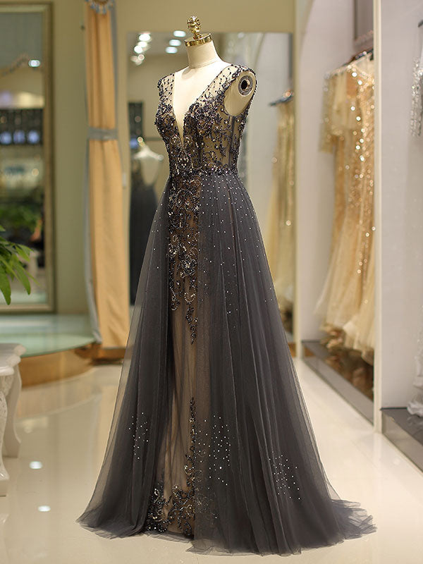 Gorgeous Evening Dresses Grey Luxury Heavy Beaded Tulle Backless V Neck Formal Evening Dress With Train-showprettydress
