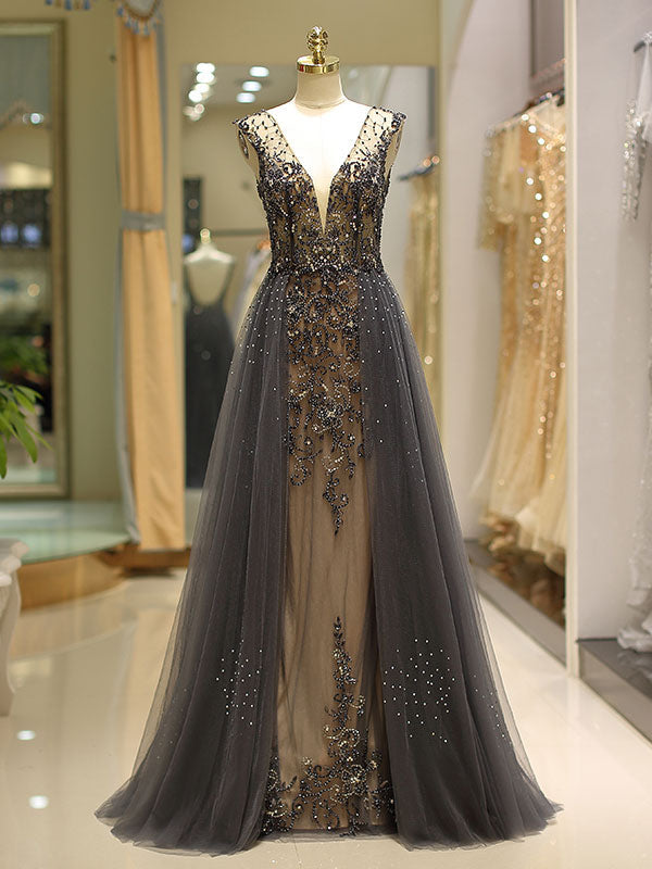 Gorgeous Evening Dresses Grey Luxury Heavy Beaded Tulle Backless V Neck Formal Evening Dress With Train-showprettydress