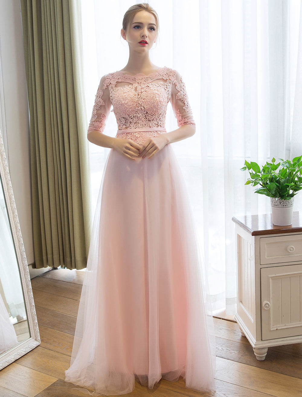 Gorgeous Evening Dresses Long Soft Pink Half Sleeve Lace Tulle Formal Evening Lace Applique Maxi Party Dress-showprettydress