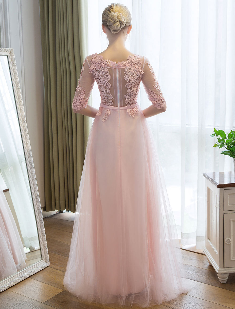 Gorgeous Evening Dresses Long Soft Pink Half Sleeve Lace Tulle Formal Evening Lace Applique Maxi Party Dress-showprettydress