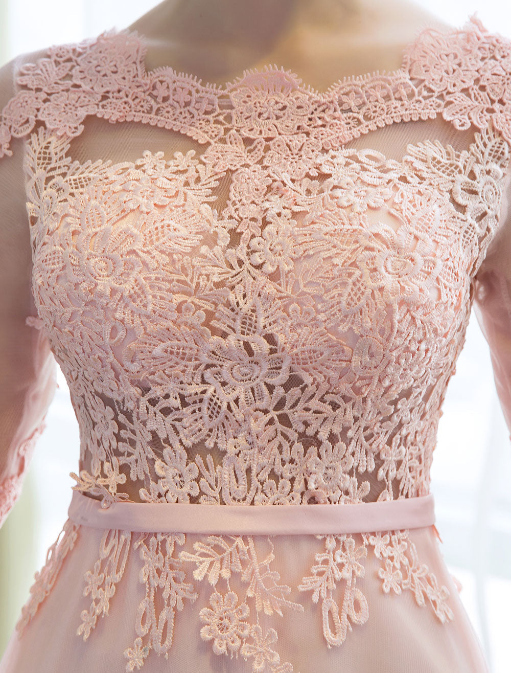 Gorgeous Evening Dresses Long Soft Pink Half Sleeve Lace Tulle Formal Evening Lace Applique Maxi Party Dress-showprettydress