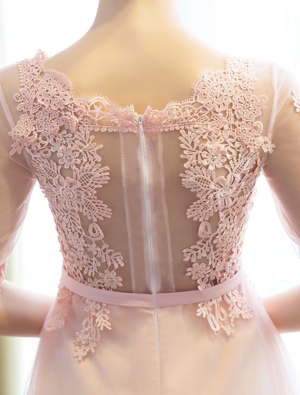 Gorgeous Evening Dresses Long Soft Pink Half Sleeve Lace Tulle Formal Evening Lace Applique Maxi Party Dress-showprettydress