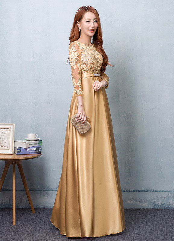 Gorgeous Gold Evening Dress Satin evening dress Lace Applique Wedding Guest Dresses Sash A Line Maxi Mother's Dress wedding guest dress-showprettydress