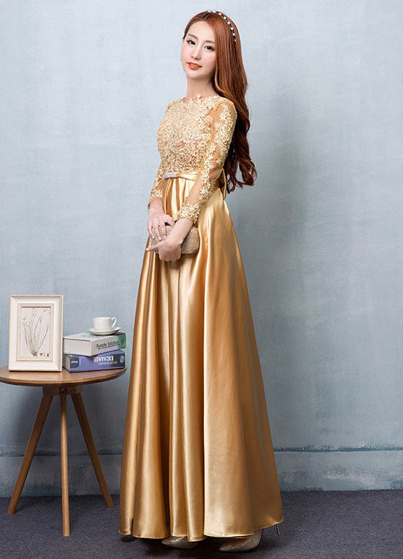 Gorgeous Gold Evening Dress Satin evening dress Lace Applique Wedding Guest Dresses Sash A Line Maxi Mother's Dress wedding guest dress-showprettydress