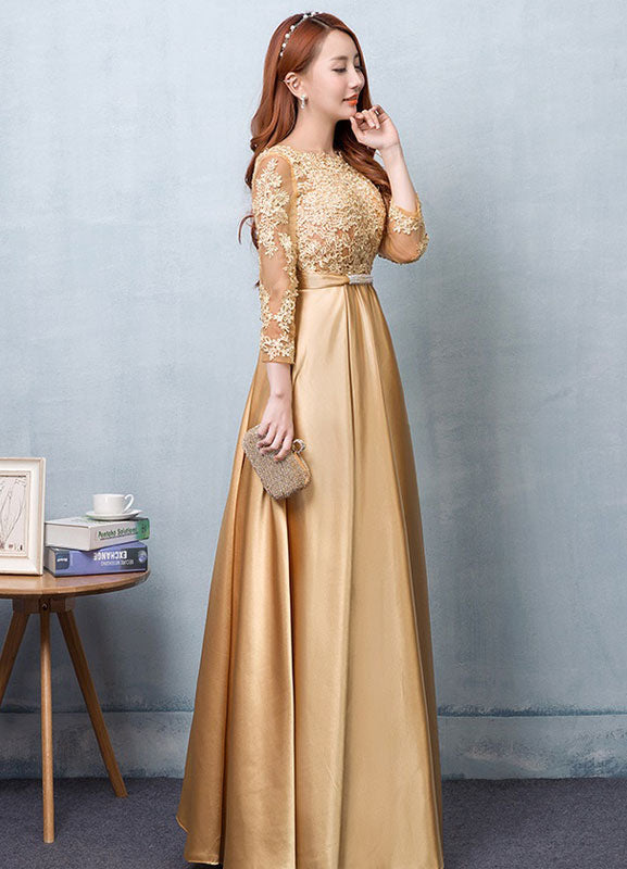 Gorgeous Gold Evening Dress Satin evening dress Lace Applique Wedding Guest Dresses Sash A Line Maxi Mother's Dress wedding guest dress-showprettydress