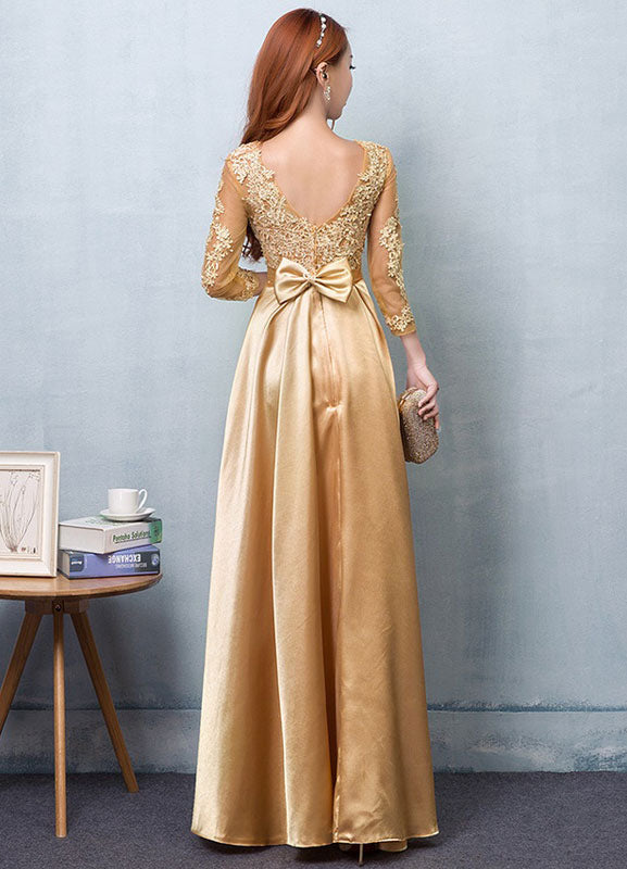 Gorgeous Gold Evening Dress Satin evening dress Lace Applique Wedding Guest Dresses Sash A Line Maxi Mother's Dress wedding guest dress-showprettydress