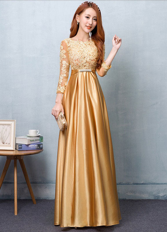 Gorgeous Gold Evening Dress Satin evening dress Lace Applique Wedding Guest Dresses Sash A Line Maxi Mother's Dress wedding guest dress-showprettydress
