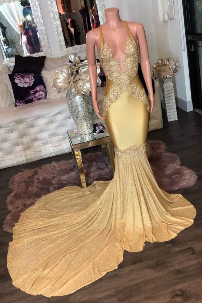 Gorgeous Golden Appliques Spaghetti Long Mermaid Evening Dresses-showprettydress