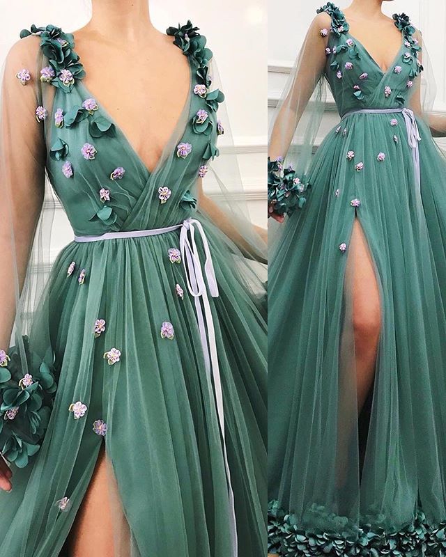 Gorgeous Green Long-Sleeves Tulle Side-Slit A-Line Prom Party Gowns-showprettydress