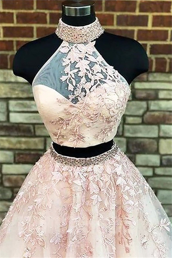 Gorgeous Halter Two Piece Applique Prom Dresses Elegant Lace Up Crystal Evening Dresses with Beads-showprettydress