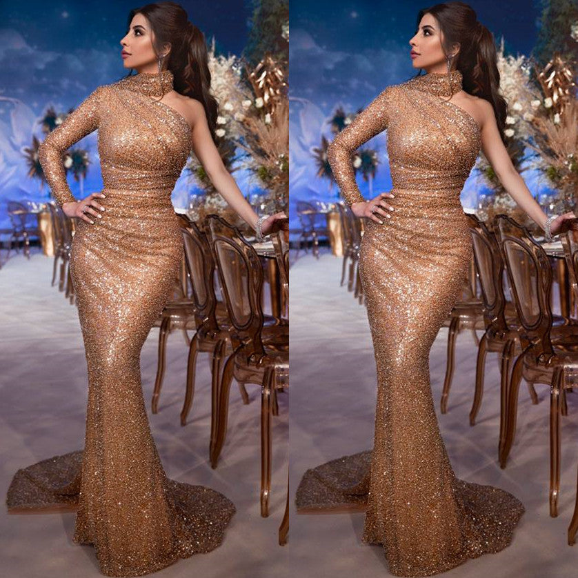Gorgeous Hign-Neck One-Shoulder Sequins Mermaid Evening Gown-showprettydress