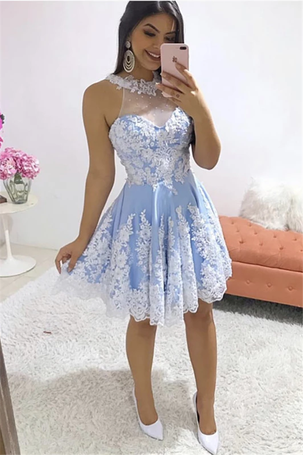 Gorgeous Jewel White Appliques Homecoming Dress Sleeveless Short A Line Cocktail Dress-showprettydress