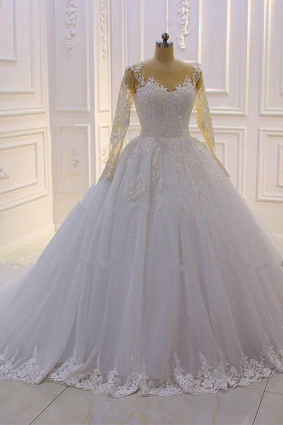 Gorgeous Long A-Line Bateau Pearl Tulle Appliques Lace Wedding Dress with Sleeves-showprettydress