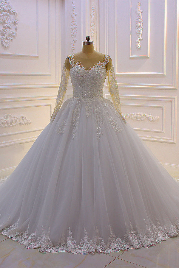 Gorgeous Long A-Line Bateau Pearl Tulle Appliques Lace Wedding Dress with Sleeves-showprettydress