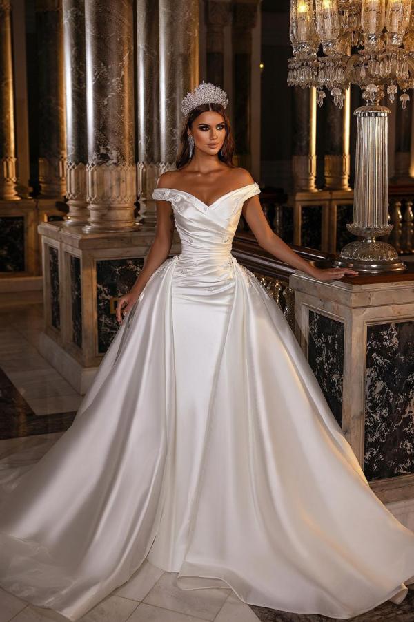 Gorgeous Long A-Line Off-the-shoulder Sweetheart Backless Satin Wedding Dress-showprettydress