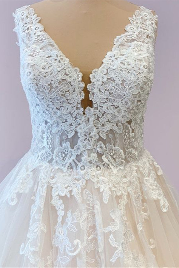 Gorgeous Long A-Line Tulle Wedding Dress With Appliques Lace-showprettydress