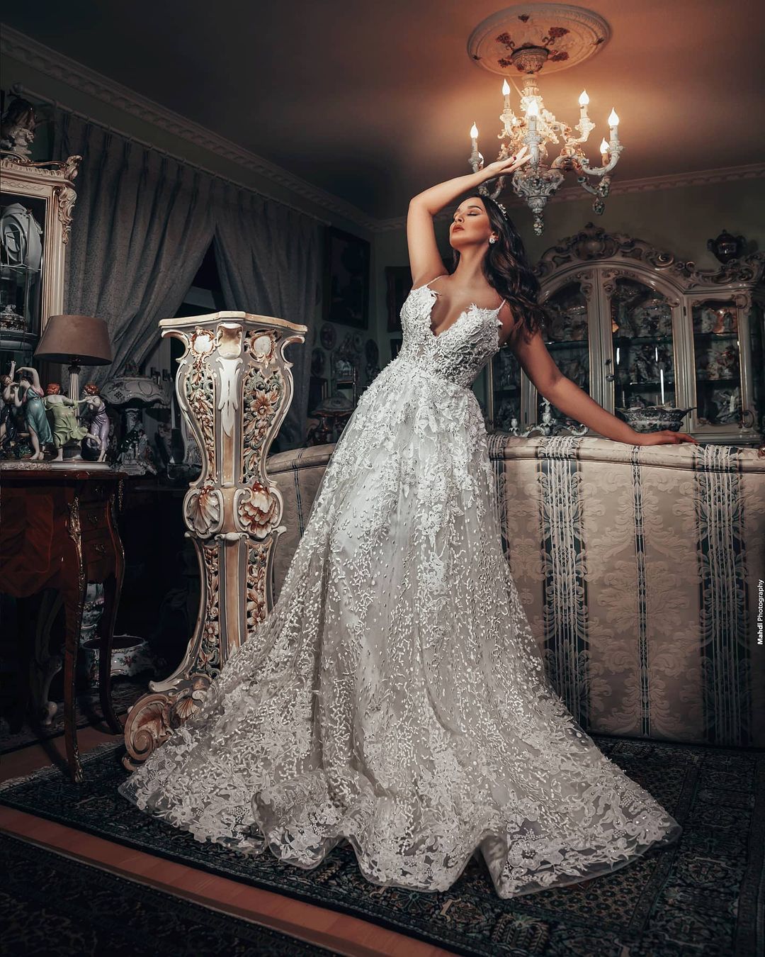 Gorgeous Long A-line V-neck 3D Floral Lace Wedding Dress-showprettydress