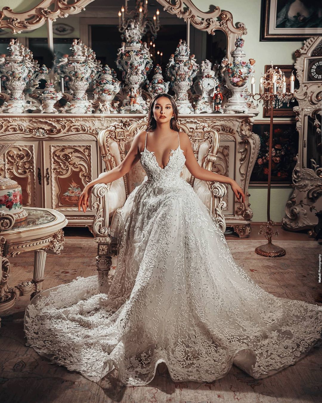 Gorgeous Long A-line V-neck 3D Floral Lace Wedding Dress-showprettydress