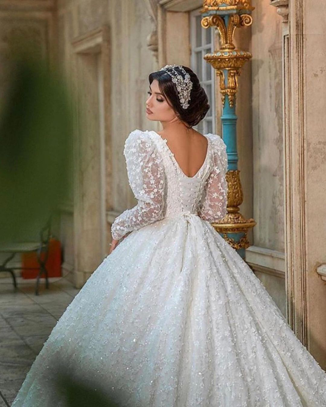 Gorgeous Long A-Line V-neck Appliques Lace Wedding Dress with Sleeves-showprettydress
