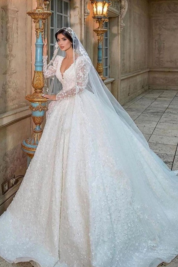 Gorgeous Long A-Line V-neck Appliques Lace Wedding Dress with Sleeves-showprettydress