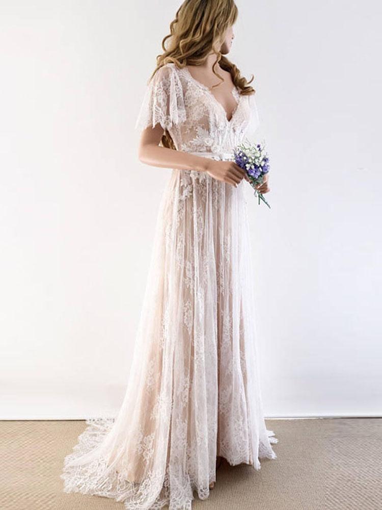 Gorgeous Long A-line V-Neck Lace Wedding Dresses with Cap Sleeves-showprettydress
