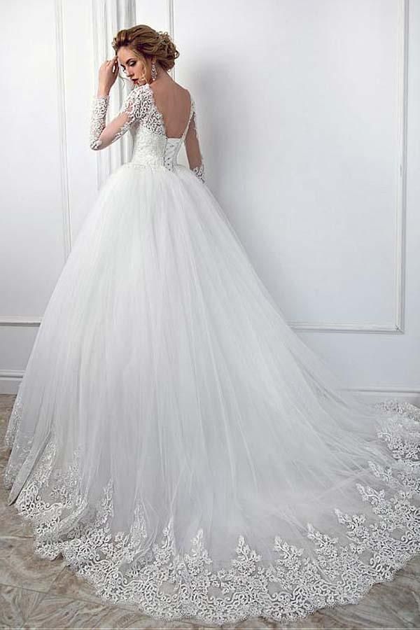 Gorgeous Long Ball Gown Jewel Tulle Lace Wedding Dress with Sleeves-showprettydress