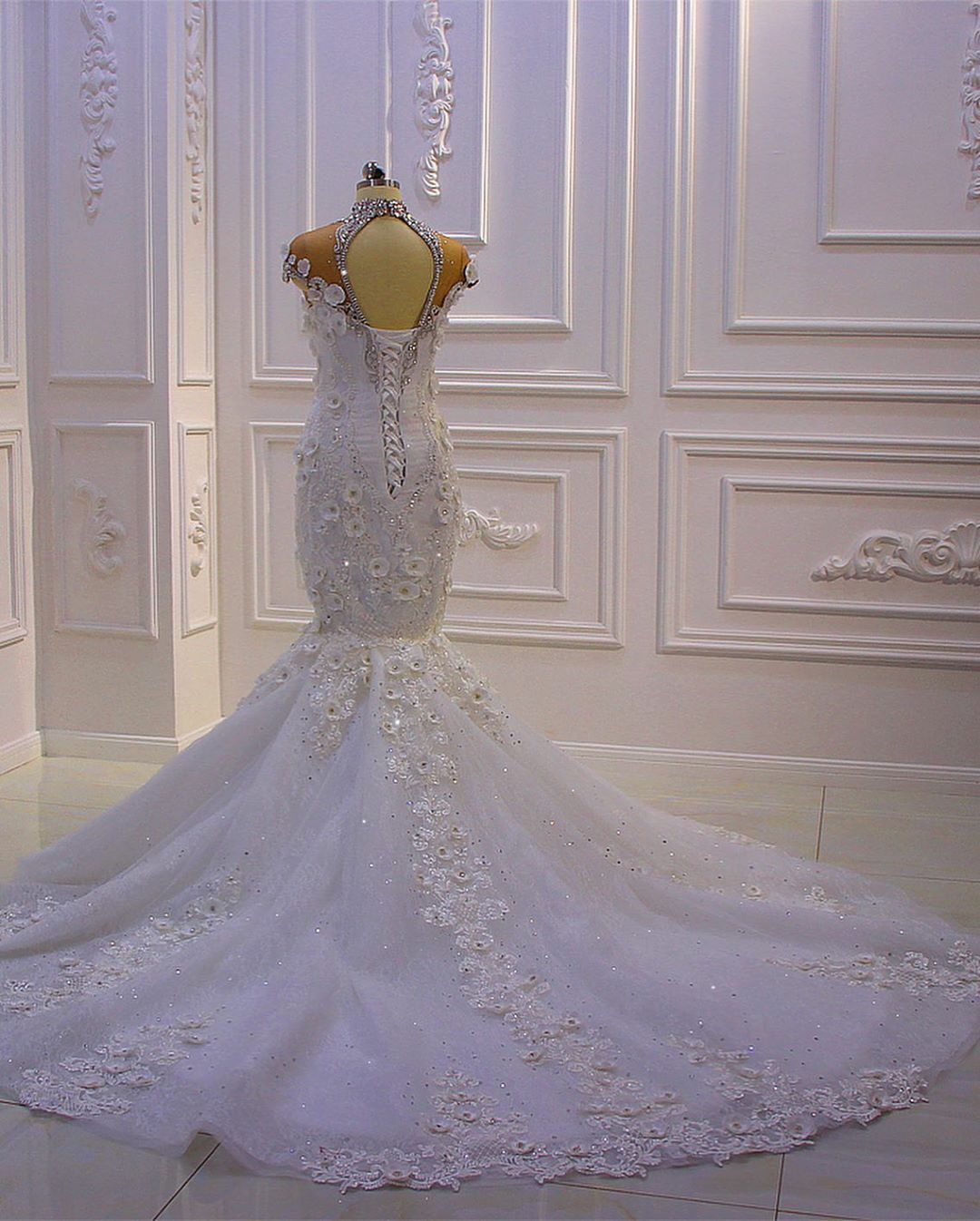 Gorgeous Long Mermaid High Neck Appliques Lace Crystal Tulle Wedding Dress-showprettydress