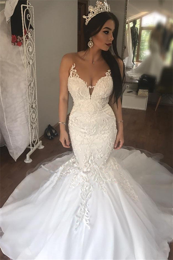 Gorgeous Long Mermaid Sweetheart Lace Buttons Backless Wedding Dress-showprettydress