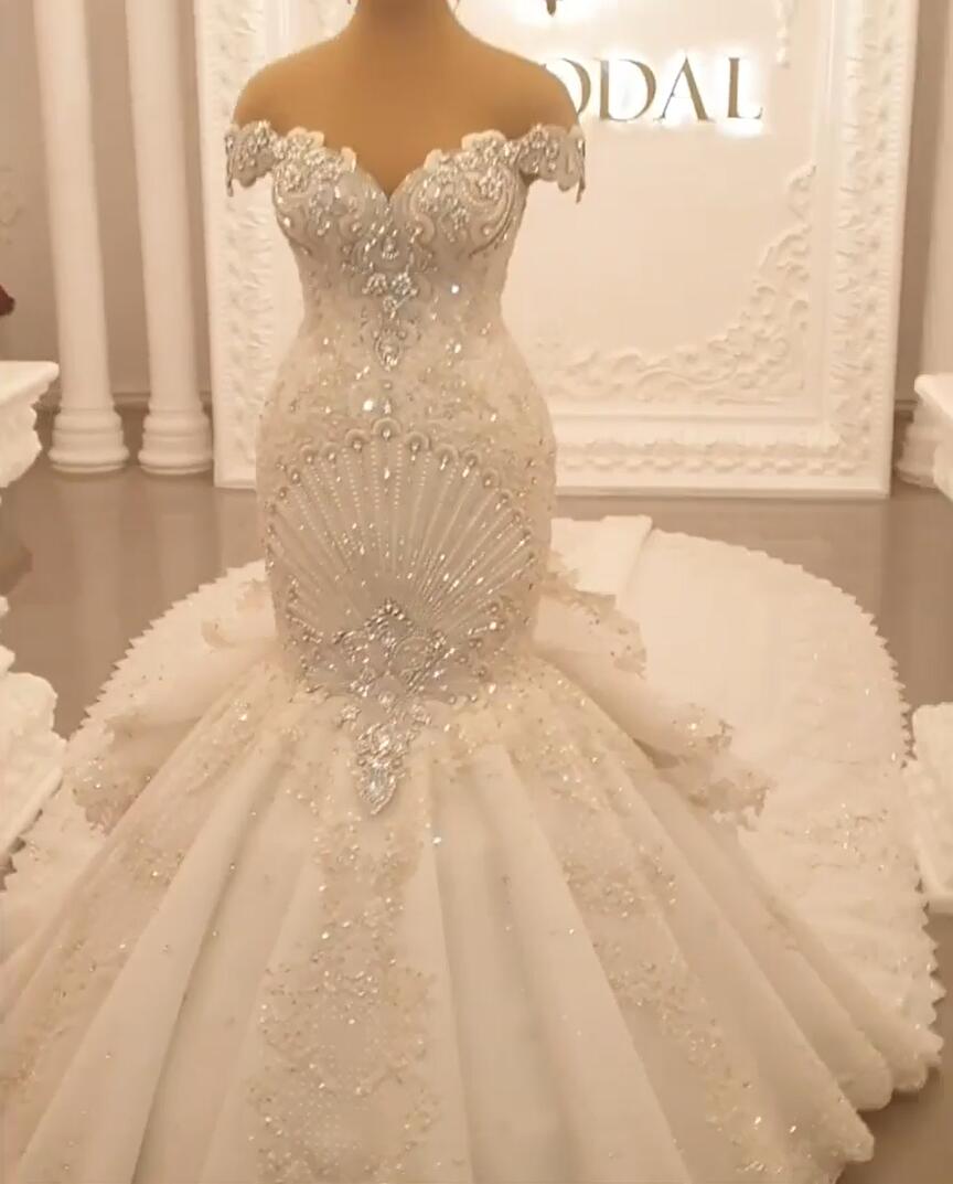 Gorgeous Long Off the Shoulder Crystal Backless Mermaid Wedding Dresses-showprettydress