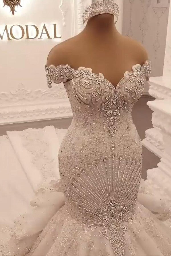 Gorgeous Long Off the Shoulder Crystal Backless Mermaid Wedding Dresses-showprettydress