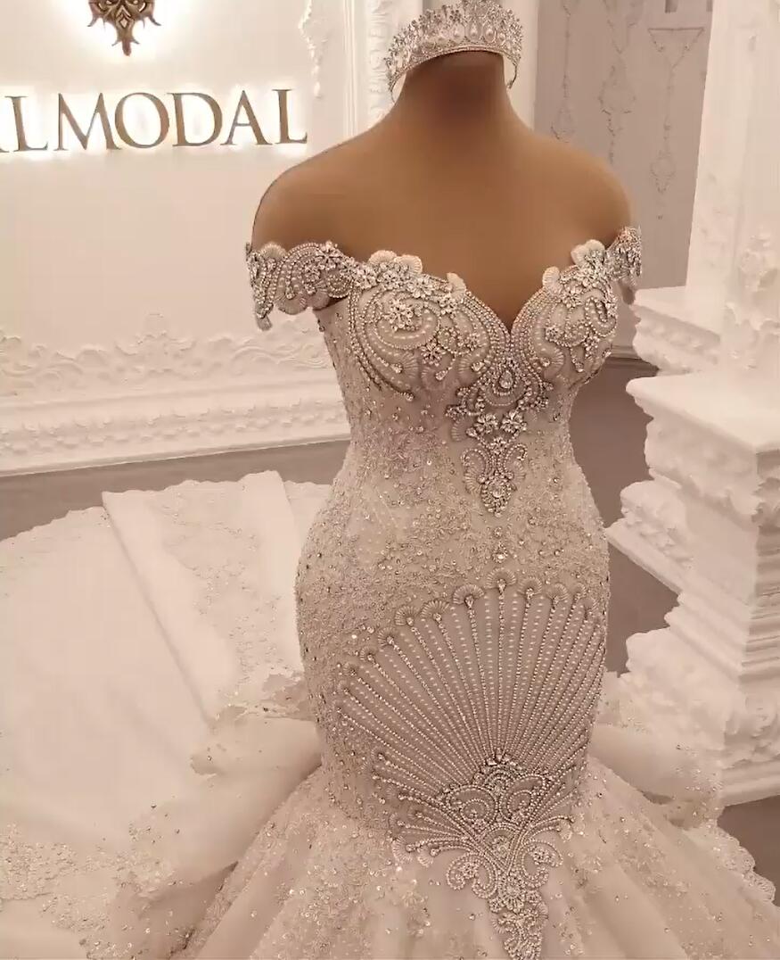 Gorgeous Long Off the Shoulder Crystal Backless Mermaid Wedding Dresses-showprettydress