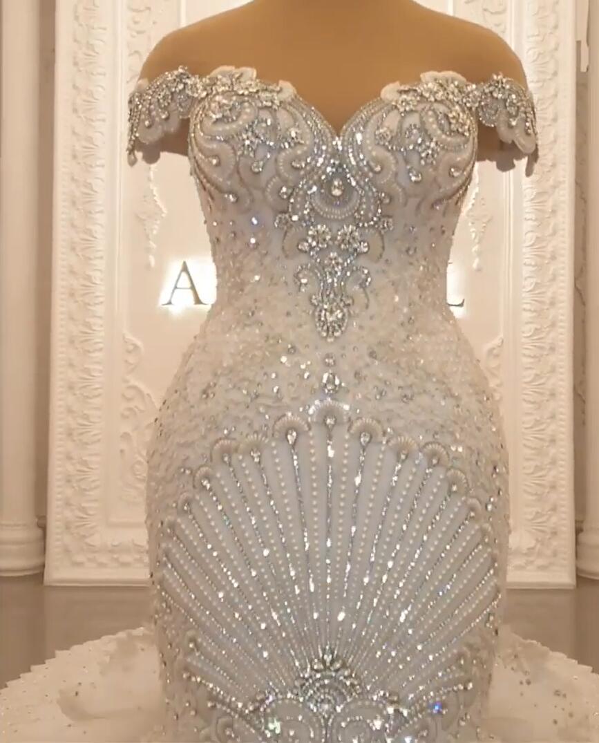 Gorgeous Long Off the Shoulder Crystal Backless Mermaid Wedding Dresses-showprettydress