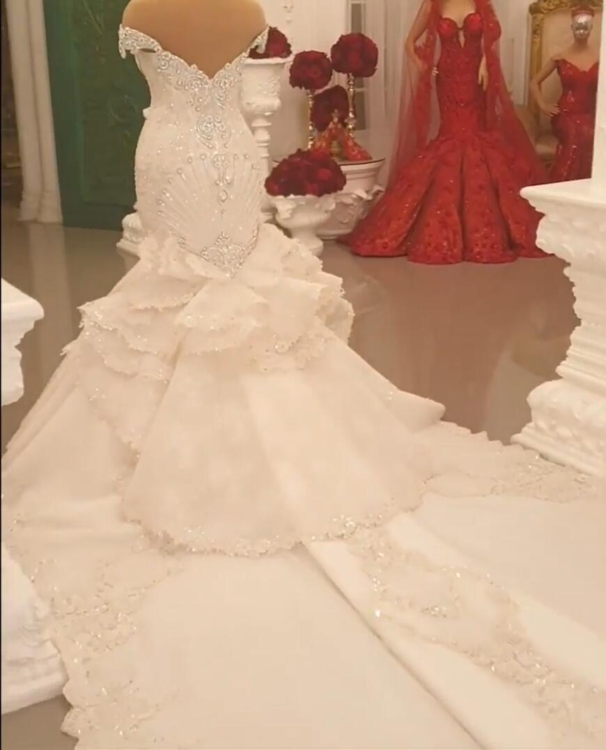 Gorgeous Long Off the Shoulder Crystal Backless Mermaid Wedding Dresses-showprettydress
