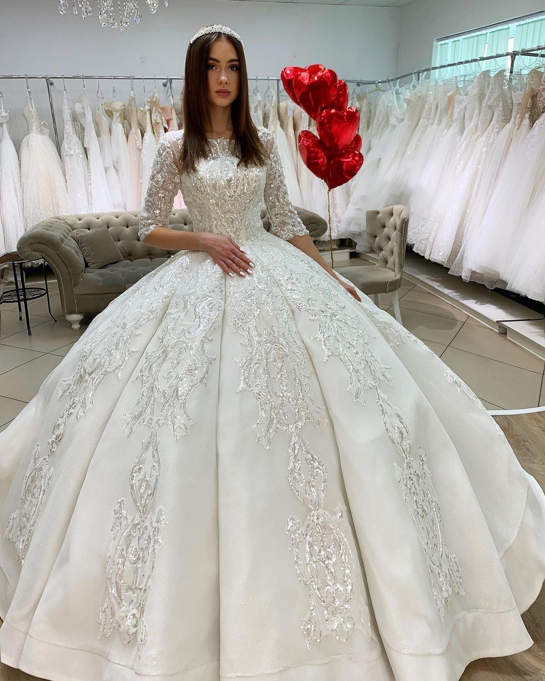 Gorgeous Long Princess Satin Bateau Appliques Lace Wedding Dress with Sleeves-showprettydress