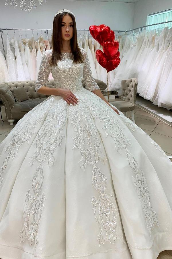 Gorgeous Long Princess Satin Bateau Appliques Lace Wedding Dress with Sleeves-showprettydress