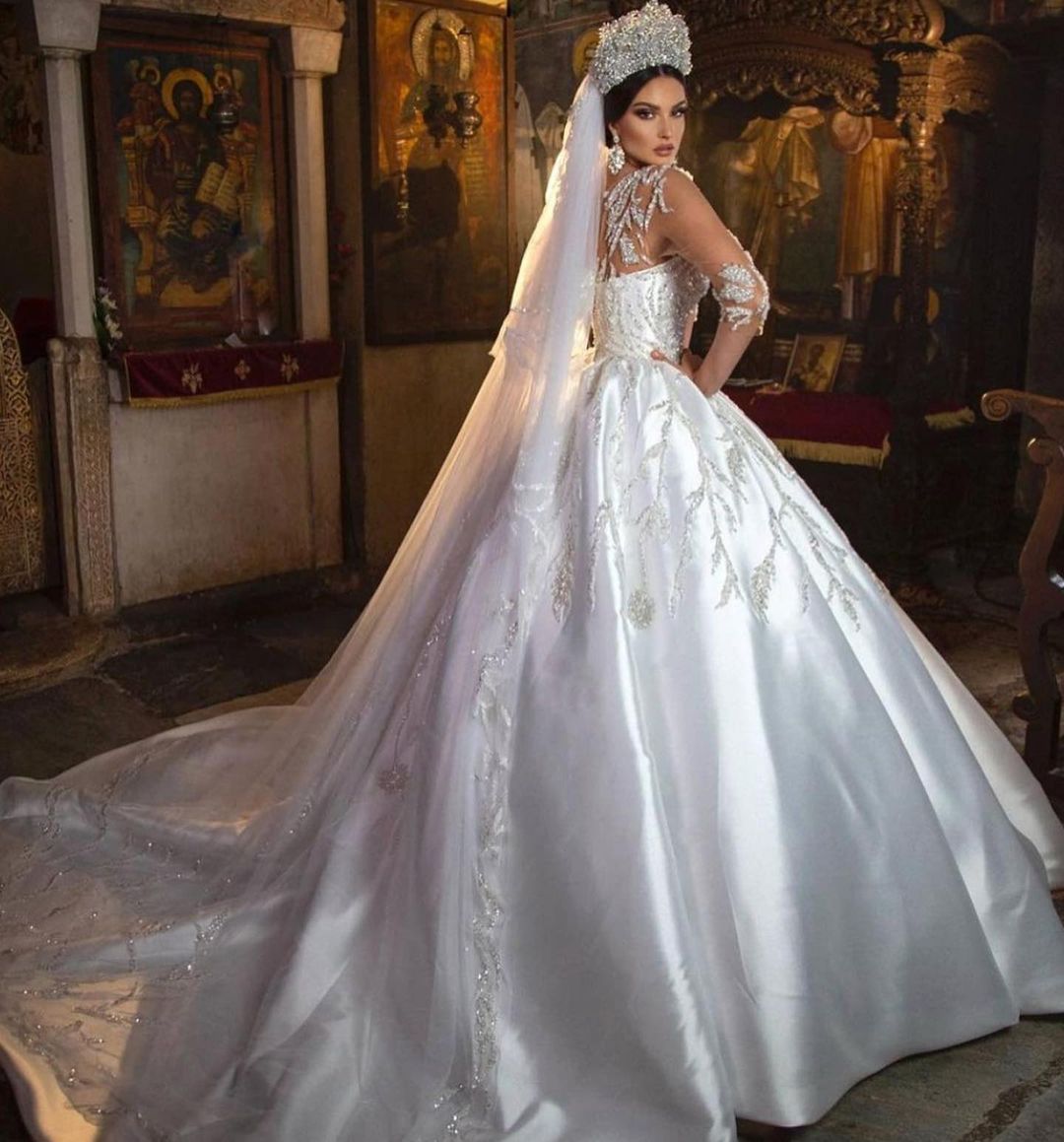 Gorgeous Long Princess Sweetheart Satin Wedding Dress with Sleeves-showprettydress