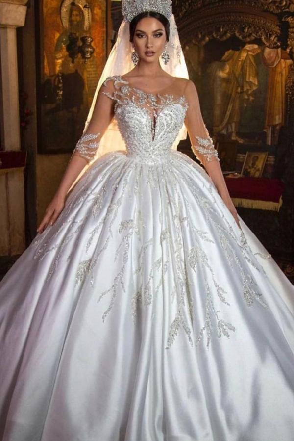 open lace back dress Gorgeous Long Princess Sweetheart Satin Wedding Dress with Sleeves