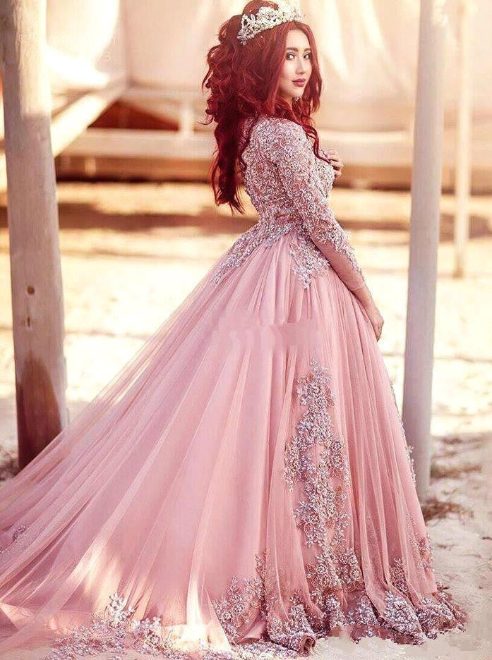 Gorgeous Long-Sleeve Arabic Style Lace Appliques Tulle Evening Dress-showprettydress