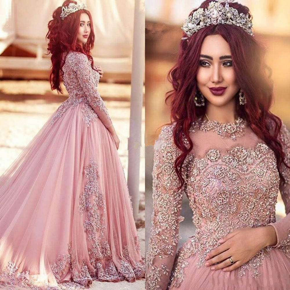 Gorgeous Long-Sleeve Arabic Style Lace Appliques Tulle Evening Dress-showprettydress