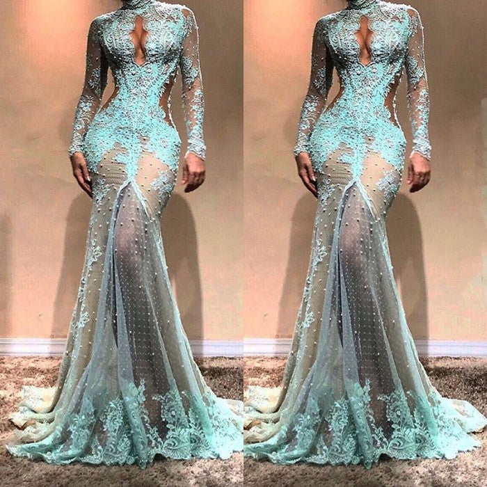 Gorgeous Long Sleeves Mermaid Evening Dress Lace Formal Dress-showprettydress