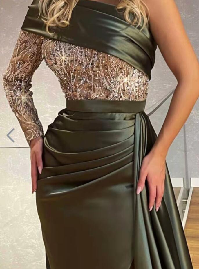 Gorgeous Long Sleeves Mermaid Prom Dress Beadings With Split-showprettydress