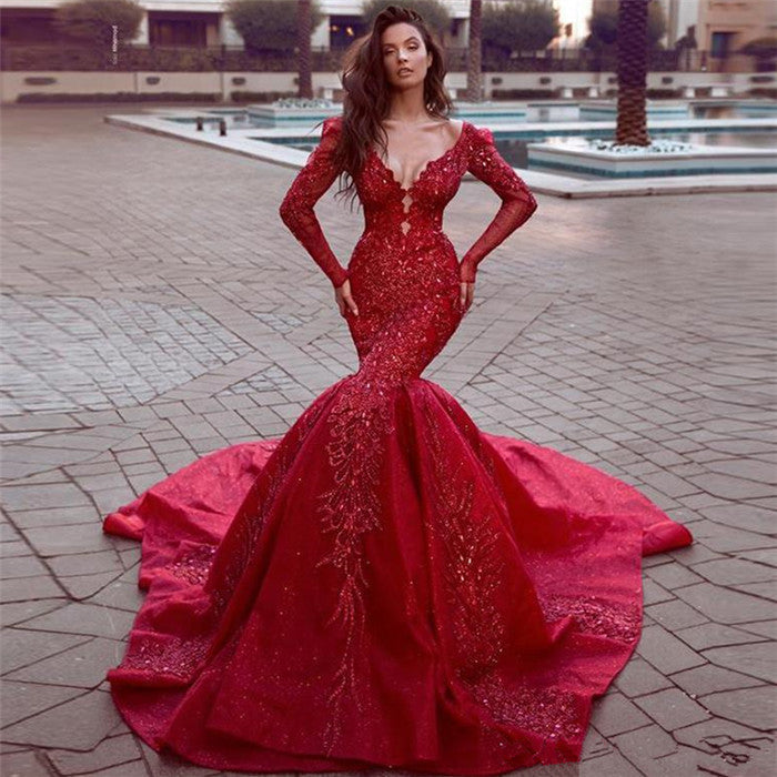 Gorgeous Long Sleevess Mermaid Evening Dresses with Train Hot Backless Lace Crystal Prom Dresses-showprettydress