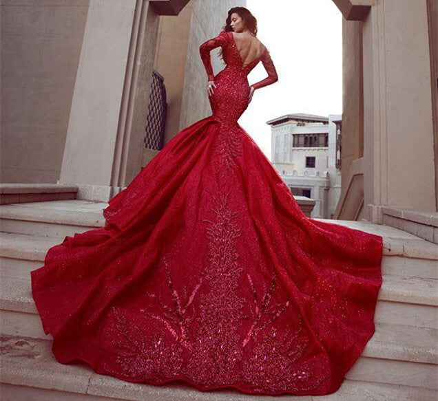 Gorgeous Long Sleevess Mermaid Evening Dresses with Train Hot Backless Lace Crystal Prom Dresses-showprettydress
