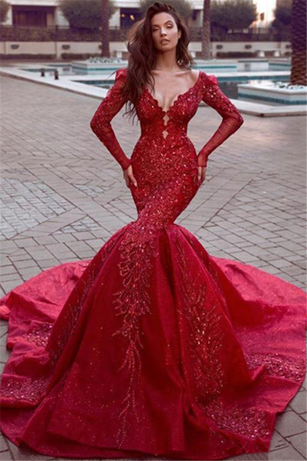 Gorgeous Long Sleevess Mermaid Evening Dresses with Train Hot Backless Lace Crystal Prom Dresses-showprettydress