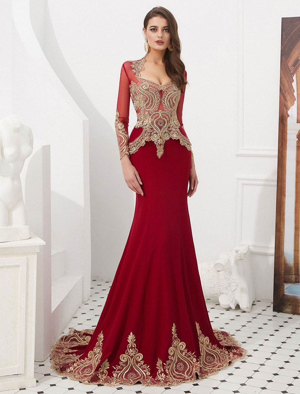 Gorgeous Luxury Evening Dresses Embroidered Beaded Queen Anneneck Long Sleeve Formal Gowns With Cloak-showprettydress