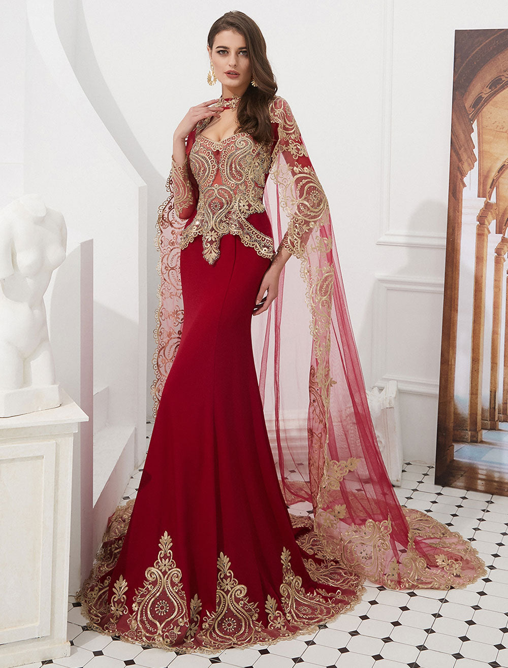 Gorgeous Luxury Evening Dresses Embroidered Beaded Queen Anneneck Long Sleeve Formal Gowns With Cloak-showprettydress