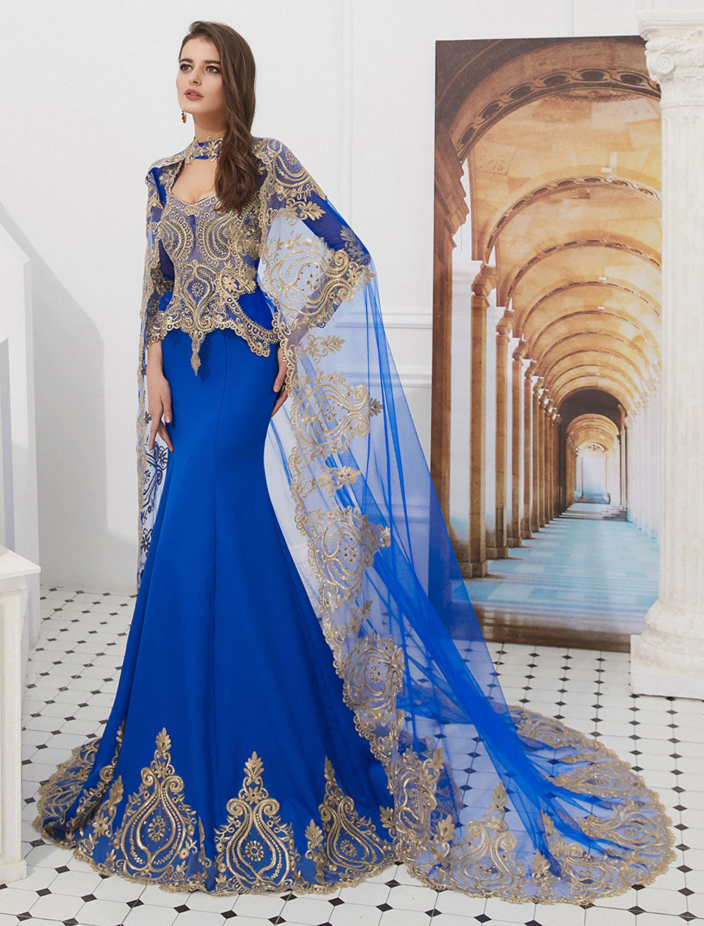 Gorgeous Luxury Evening Dresses Embroidered Beaded Queen Anneneck Long Sleeve Formal Gowns With Cloak-showprettydress