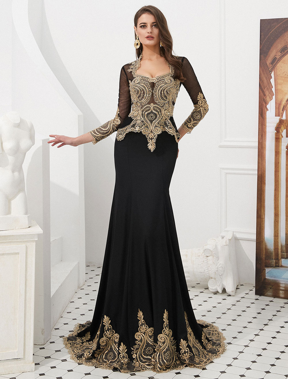 Gorgeous Luxury Evening Dresses Embroidered Beaded Queen Anneneck Long Sleeve Formal Gowns With Cloak-showprettydress