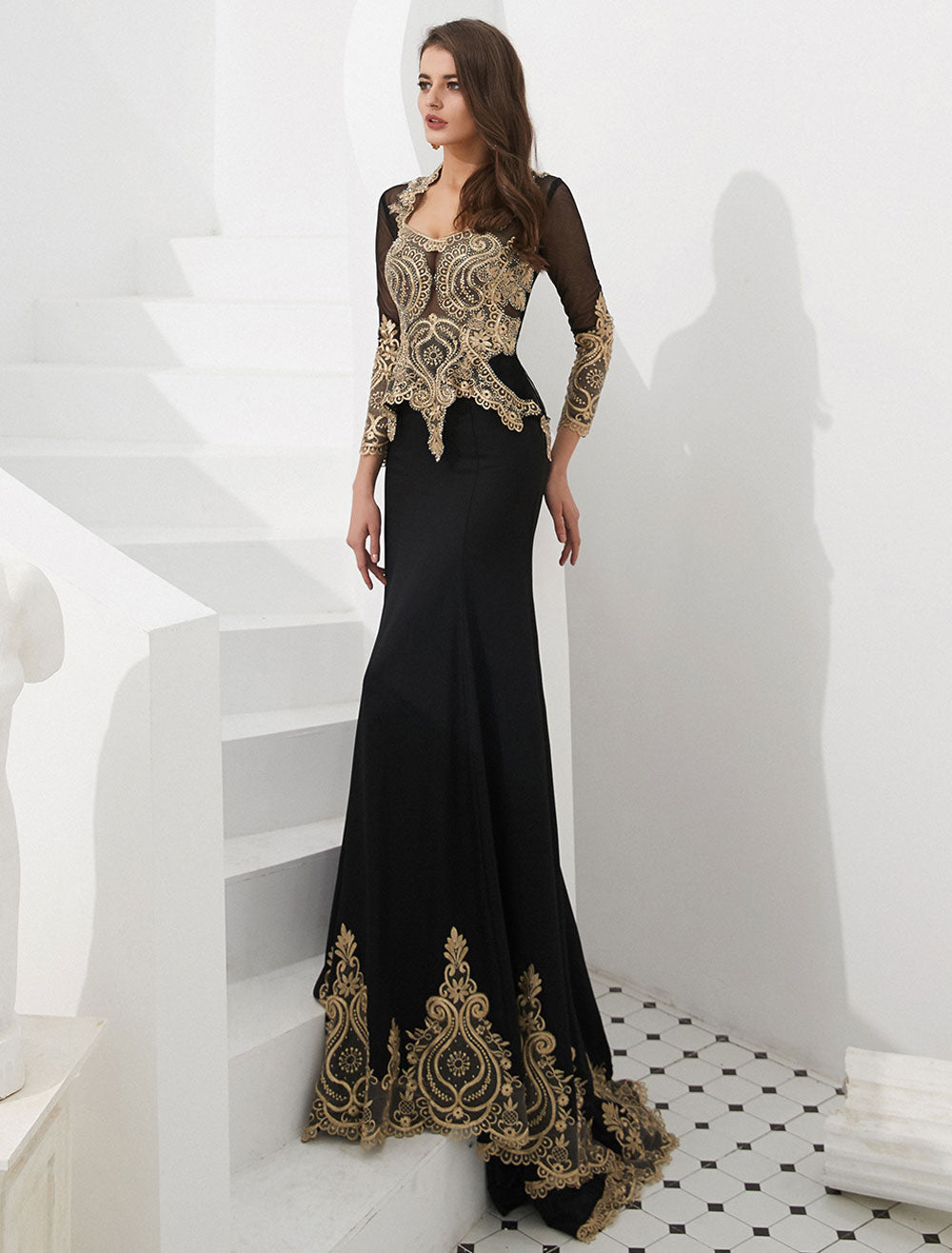 Gorgeous Luxury Evening Dresses Embroidered Beaded Queen Anneneck Long Sleeve Formal Gowns With Cloak-showprettydress